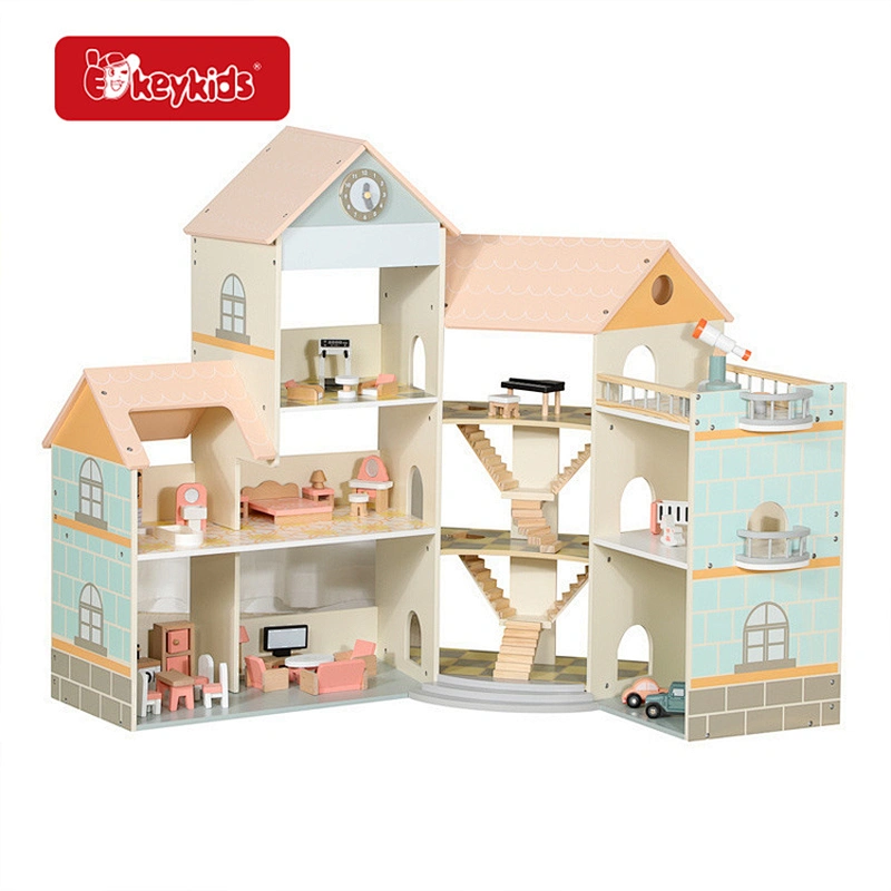 Multi-Level Wooden Dollhouse - Large Playhouse with Furniture & Stairs for Kids W06A596